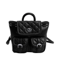 Sac à dos en cuir matelassé noir avec deux poches frontales et boucles argentées - Noir