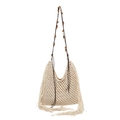 Beige crochet woven shoulder bag with fringe tassels and wooden beads decor - White