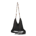Handmade black crochet tote bag with long tassels and wooden bead shoulder straps - Black
