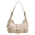 Chic cream white faux leather hobo bag with adjustable metallic buckle straps - White