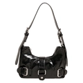 Glossy black patent leather underarm bag with silver square buckle and retro motor style - Black