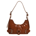 Brown patent leather hobo shoulder bag with crescent silhouette and metallic buckles - Brown