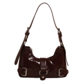 Dark brown patent leather underarm bag with glossy finish and silver buckles - Brown