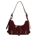 Glossy deep red underarm bag with vintage motorcycle style and silver metal buckles - Burgundy