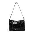 Street style black glossy tote bag with silver metal studs and buckles detailing - Black