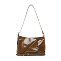 Borsa tote marrone in pelle verniciata stile punk con anelli in metallo e zip decorative - Marrone