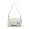 Chic beige patent leather tote bag featuring silver metal rings and punk rivet details - White