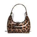 Bolso hobo de charol con estampado de leopardo, cadena plateada y cremalleras - Marrón Oscuro