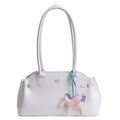 White faux leather bowling bag with long shoulder strap and colorful pegasus charm - White with Pendant