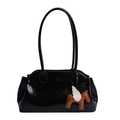 Glossy black bowling shoulder bag with long handles and a cute horse charm accessory - Black with Pendant