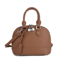 Brown textured leather shell handbag with silver hardware and top handles shown on white background - Khaki