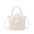 Handmade pearl beaded bucket bag with white satin drawstring liner and long shoulder strap - Off White