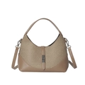 Bolso hobo de cuero marrón y lona beige con cierre giratorio plateado y correa - Caqui