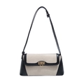 Bolso de hombro en lona crema con bordes de cuero negro y hebilla metálica dorada - Negro