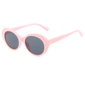 Pink oval frame sunglasses with dark grey lenses and golden rivet detail for women - Pink Frame Grey Lens