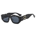 Fashion punk square frame sunglasses with gold rings and silver rivets in black finish - Black Frame Grey Lens