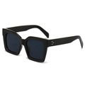 Modern square black oversized sunglasses with silver triple rivet decor on white background - Black Frame Black Grey Lens