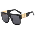 Modern square black oversized sunglasses with gold textured metal temples and grey lenses - Black Frame Black Grey Lens