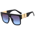 Square black fashion sunglasses featuring blue gradient lenses and gold metal temples - Black Frame Grey Blue Lens
