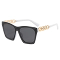 Square black sunglasses with white temples and golden chain links decoration - Black Frame White Temple Grey Lens