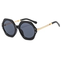Fashionable black hexagonal sunglasses with gold metal temples and grey lenses - Black Frame Grey Lens