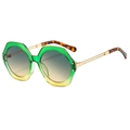 Fashionable green-to-yellow gradient hexagonal sunglasses with thin gold metal arms - Green Frame Gradient Green Yellow Lens