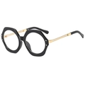 Chic black hexagonal frame sunglasses with slim gold metal temples and clear lenses - Black Frame Clear Lens