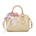 Borsa cilindrica in paglia intrecciata beige con fiocchi a scacchi e pizzo - Bianco Sporco