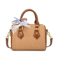 Borsa Boston in paglia intrecciata con finiture in pelle marrone e nastri decorativi - Marrone