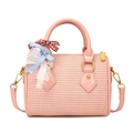 Sac cylindre tressé rose avec rubans à carreaux et bandoulière amovible élégante - Rose