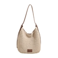 Borsa a secchiello hobo intrecciata crema con spalline in pelle marrone e logo alla base - Bianco Sporco