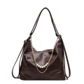 Bolso tote de cuero sintético marrón oscuro con cadena dorada y adornos de perlas - café