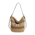 Straw woven tote bag with RLY letters and black stripes for summer beach travel - Khaki