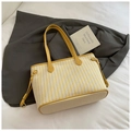 Summer fashion yellow and white striped canvas tote bag with yellow leather handles - Yellow Without Pendant
