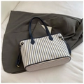 Blue and white striped canvas tote bag with navy straps and gold hardware detail - Blue Without Charm