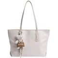 Minimalist cream tote bag with crocodile pattern and bear charm for daily commute - White with Pendant