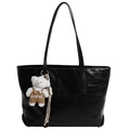 Chic black crocodile embossed tote bag with slim straps and cute bear charm decor - Black with Pendant