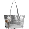 Silver crocodile-textured tote bag with plush bear charm in a spacious shoulder style - Silver (With Pendant)