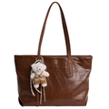Dark brown tote bag with crocodile embossed texture and cute teddy bear charm - Brown with Pendant
