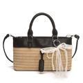 Elegante borsa tote in paglia nera con fiocco in pizzo bianco e catena di perle - Nero