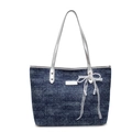 Dark blue denim tote bag with white polka dots, silver handles and lace bow detail - With Pendant / Royal Blue