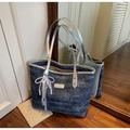 Borsa tote in denim blu scuro a pois con manici argento e ciondolo fiocco di perle - Blu Reale Con Pendente