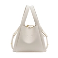 Beige Eimertasche aus genarbtem Leder mit Doppelgriffen und Markenprägung - Gebrochenes Weiß