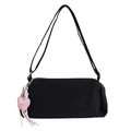 Minimalist black canvas pillow shoulder bag with a cute pink heart-shaped pendant detail - Black