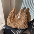 Brown woven hobo shoulder bag with hollow knit design and stylish faux leather strap - Khaki