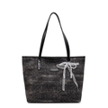 Black tweed tote bag with silver shimmer, long leather handles and lace bow charm - With Pendant / Black
