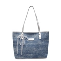 Blue denim tote bag with silver handles and white lace pearl bow decoration - With Pendant / Denim Blue