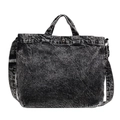Bolso tote de mezclilla lavada gris oscuro vintage con correa ajustable y herrajes metálicos - Negro