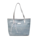 Light blue denim tote bag for women with silver straps and a pearl lace bow charm - With Pendant / Sky Blue