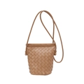 Sac seau en cuir tressé marron caramel avec artisanat Intrecciato classique et bandoulière - Kaki